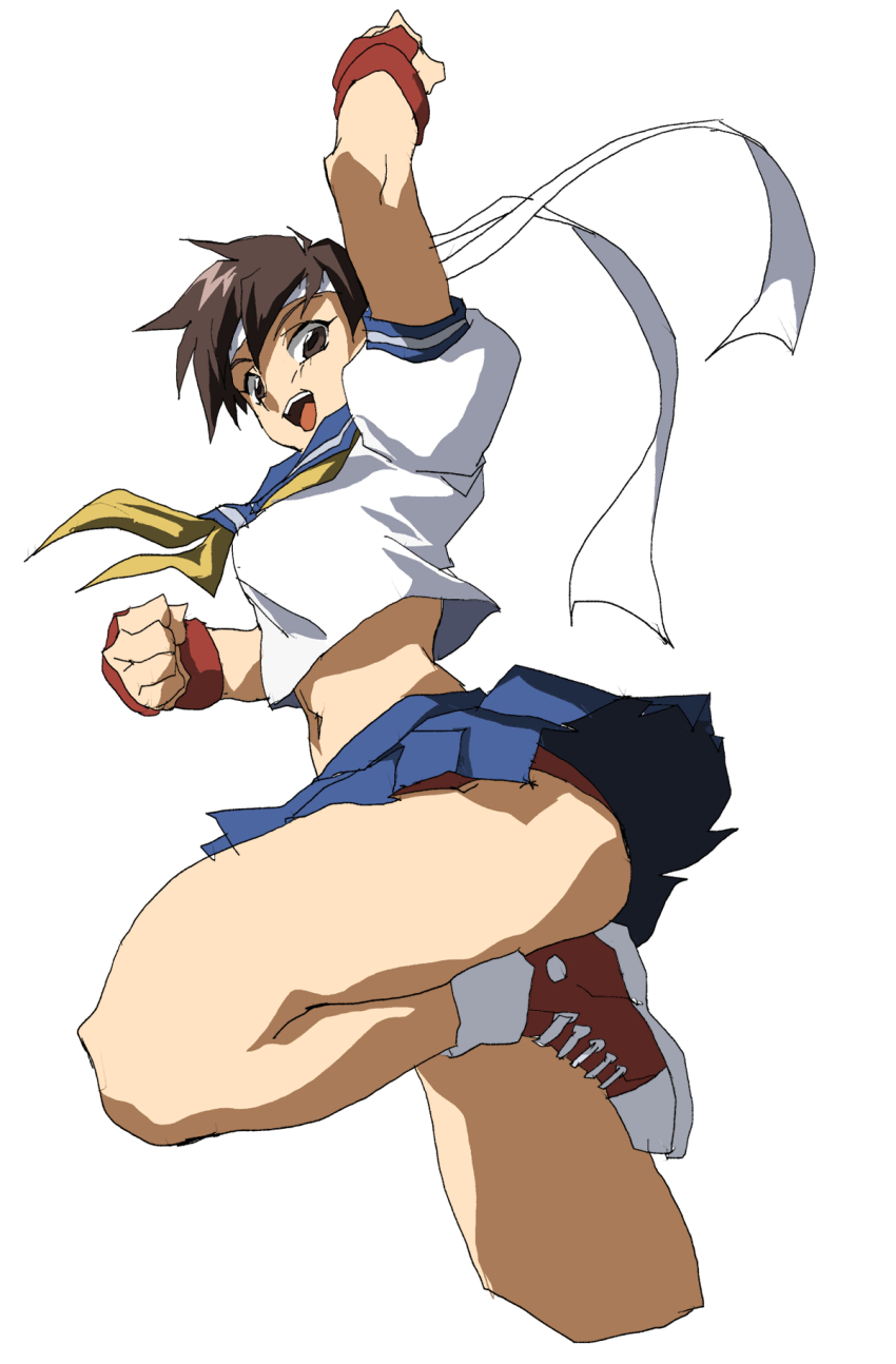1girl, arm_up, blue_sailor_collar, breasts, brown_eyes, brown_hair, buruma, buruma_under_skirt