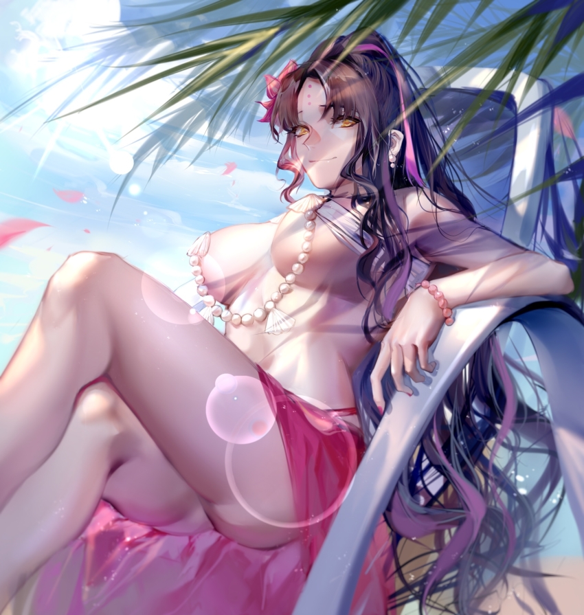 1girl, beach, beach_chair, bikini, black_hair, blue_sky, bracelet, breasts, chinese_commentary, closed_mouth, commentary, dappled_sunlight, earrings, facial_mark, fate/grand_order, fate_(series), feet_out_of_frame, fingernails, flower, forehead_mark, forehead_tattoo, hair_flower, hair_ornament, highres, jewelry, large_breasts, leaf, light_smile, long_hair, looking_at_viewer, multicolored_hair, nail_polish, necklace, outdoors, parted_bangs, pearl_bracelet, pearl_earrings, pearl_necklace, petals, pink_hair, pink_nails, pink_sarong, ponytail, qingyu, sarong, seashell, sessyoin_kiara, sessyoin_kiara_(swimsuit_mooncancer)_(first_ascension), shell, sidelocks, sitting, sky, solo, streaked_hair, sunlight, swimsuit, tattoo, thighs, very_long_hair, white_bikini, yellow_eyes