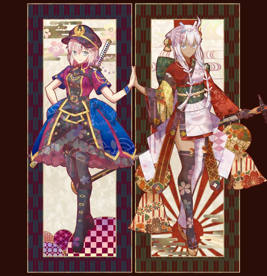 2girls, absurdres, ahoge, alternate_costume, boots, cosplay, dark-skinned_female, dark_skin