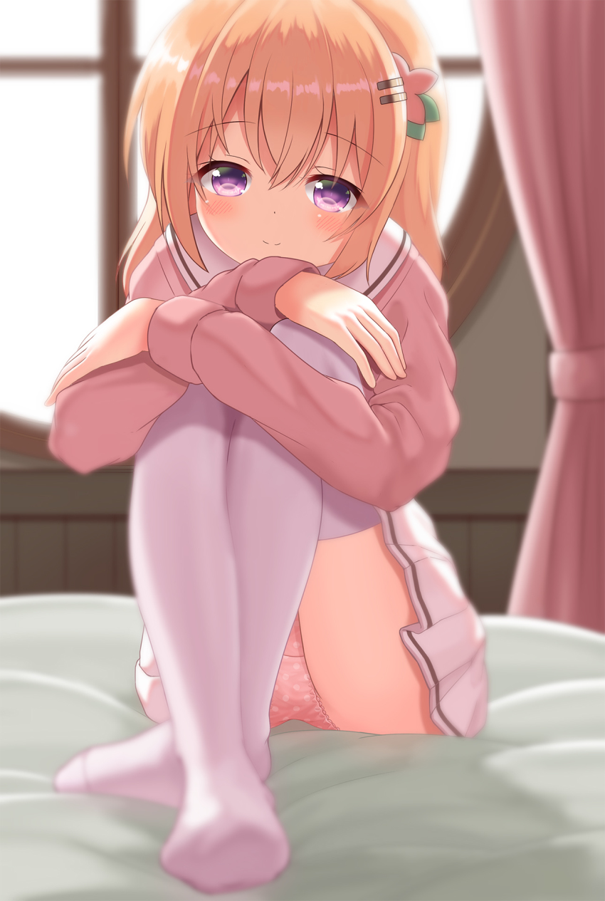 1girl, azel_(laevateinn495), bed_sheet, bedroom, blush, closed_mouth, collared_shirt, flower, full_body, gochuumon_wa_usagi_desu_ka?, hair_between_eyes, hair_flower, hair_ornament, hairclip, highres, hoto_cocoa, hoto_cocoa's_school_uniform, hugging_own_legs, indoors, light_brown_hair, long_hair, long_sleeves, looking_at_viewer, miniskirt, on_bed, panties, pantyshot, pink_flower, pink_panties, pink_shirt, plaid_clothes, plaid_skirt, polka_dot, polka_dot_panties, purple_eyes, sailor_collar, sailor_shirt, school_uniform, shirt, sitting, skirt, smile, solo, thighhighs, underwear, white_sailor_collar, white_skirt, white_thighhighs