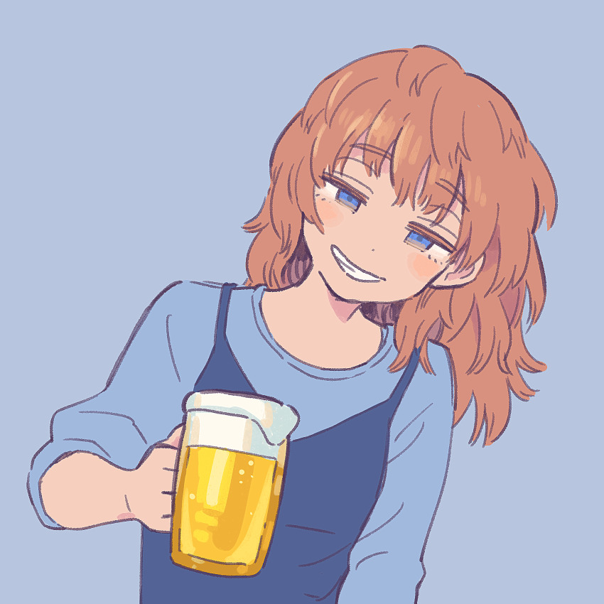 1girl, alcohol, beer, beer_mug, blue_eyes, blue_shirt, commentary_request, cup