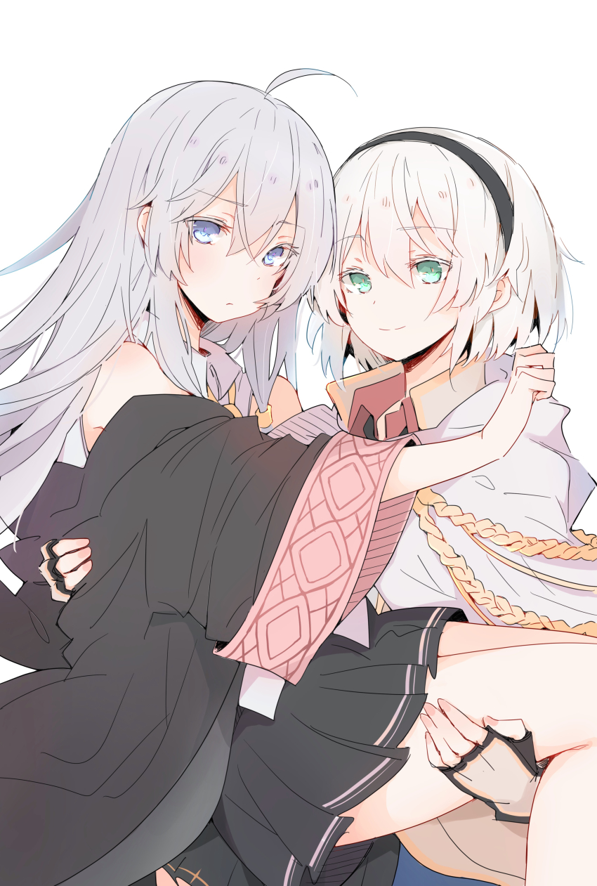 2girls, absurdres, ahoge, amnesia_(majo_no_tabitabi), bare_shoulders, black_cloak, black_gloves, black_hairband