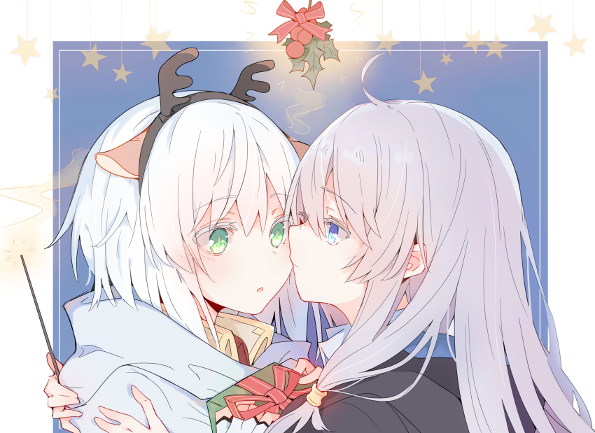 2girls, absurdres, ahoge, amnesia_(majo_no_tabitabi), antlers, bell, black_cloak, blue_eyes