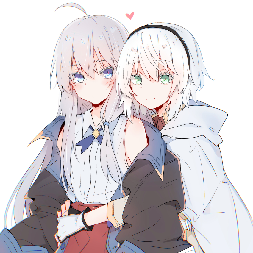 2girls, absurdres, ahoge, amnesia_(majo_no_tabitabi), black_cloak, black_hairband, blue_eyes, blue_neckwear