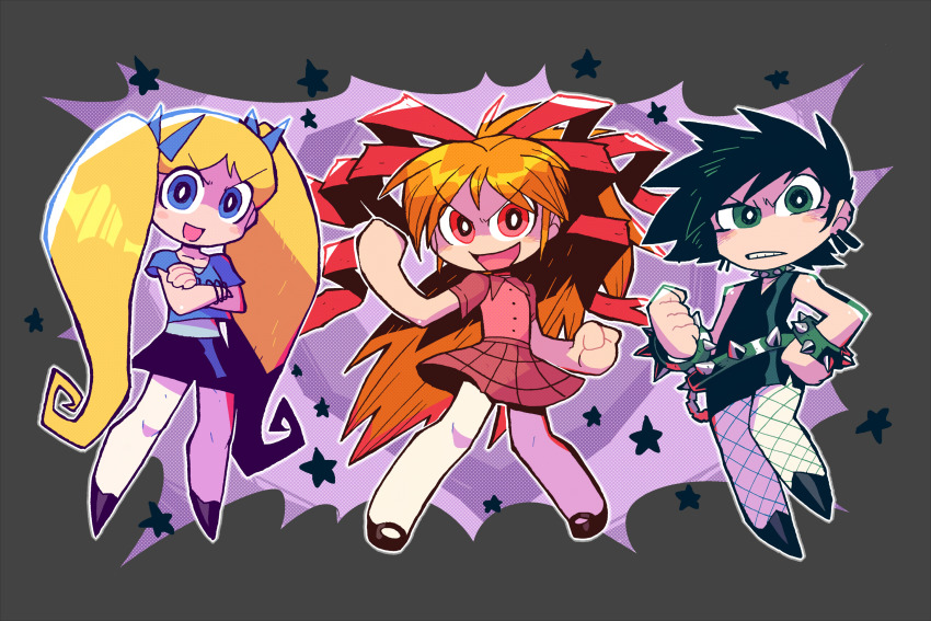 3girls, :d, absurdres, bare_shoulders, berserk_(ppg), black_dress, black_footwear, blonde_hair