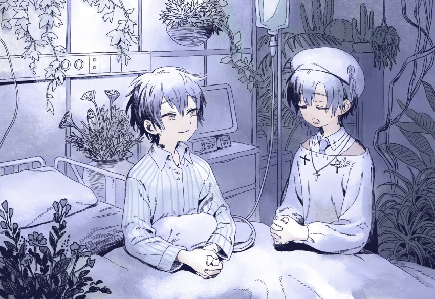 2boys, bed, borrowed_character, closed_eyes, closed_mouth, commentary_request, commission, cross