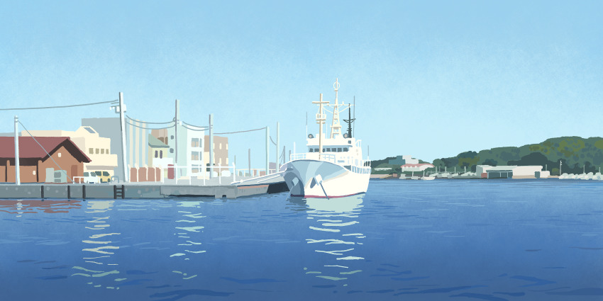 blue_sky, boat, building, commentary_request, day, dock, highres, muji_(uimss)