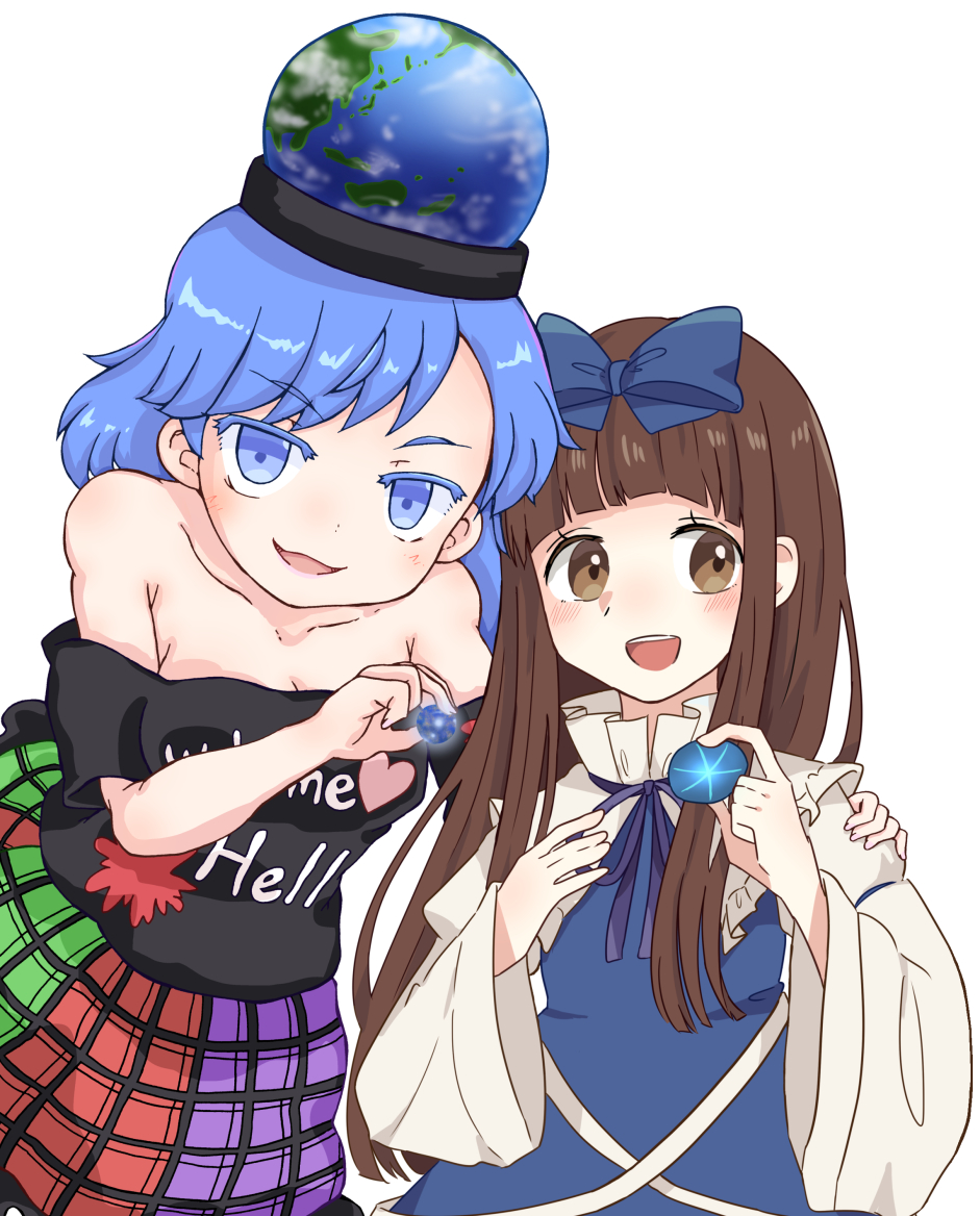 2girls, artist_collaboration, black_shirt, blue_bow, blue_dress, blue_eyes, blue_gem, blue_hair