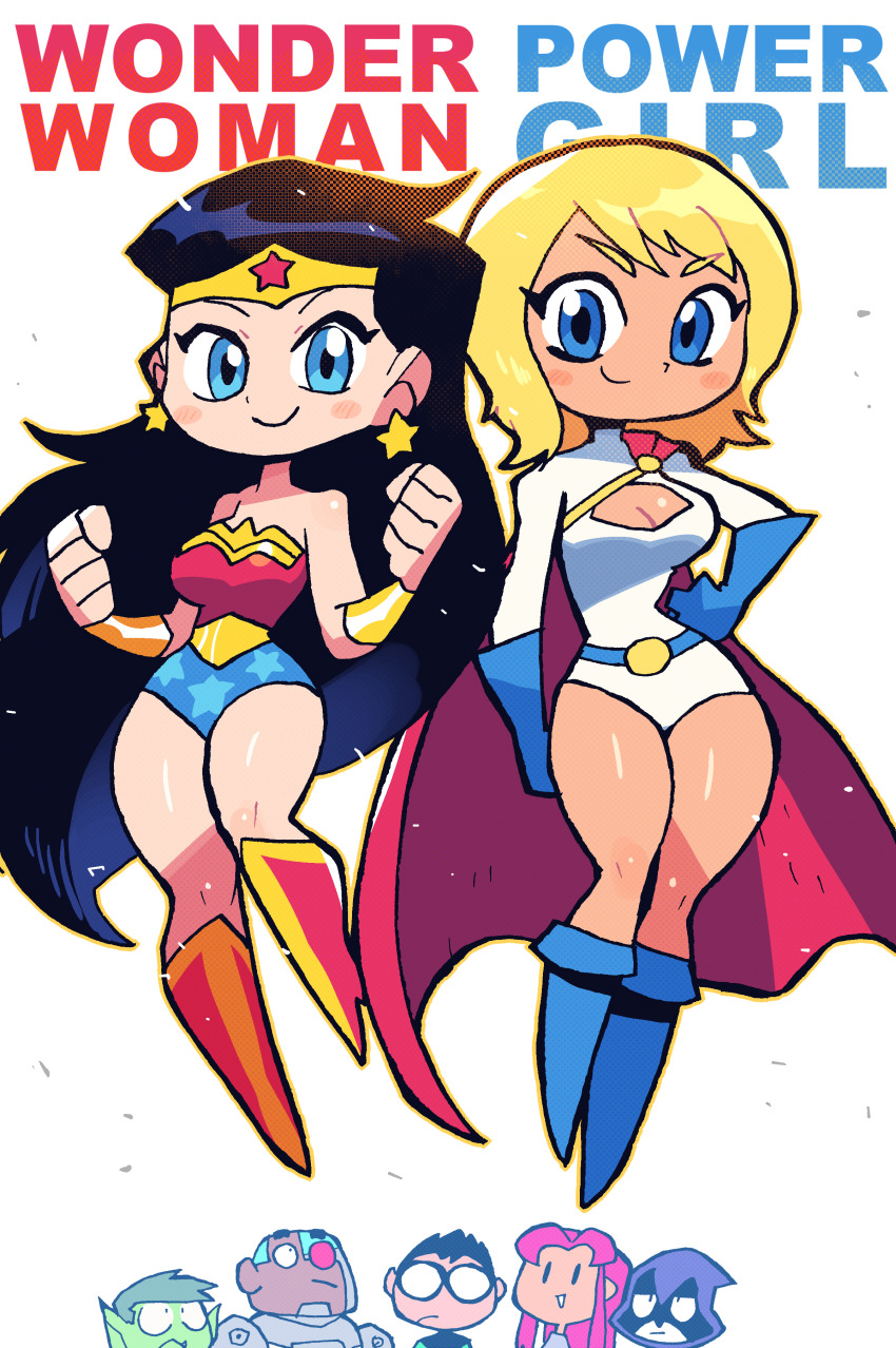 3boys, 4girls, absurdres, beast_boy_(dc), black_hair, blonde_hair, blue_eyes, blue_footwear, blue_gloves, boots, bracelet, breasts, cape, cleavage, cleavage_cutout, closed_mouth, clothing_cutout, cyborg_(dc), dc_comics, flying, flying_sweatdrops, gloves, hand_on_own_hip, hands_up, highres, jewelry, leotard, long_hair, long_sleeves, looking_at_viewer, medium_breasts, medium_hair, multiple_boys, multiple_girls, power_girl, rariatto_(ganguri), raven_(dc), red_cape, red_footwear, red_shirt, robin_(dc), shirt, sleeved_leotard, smile, starfire, teen_titans, teen_titans_go!, very_long_hair, white_leotard, wonder_woman