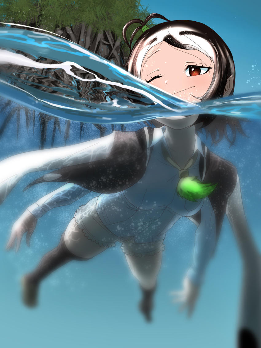 1girl, beige_shorts, black_hair, blouse, blurry, breast_pocket, closed_mouth, collared_shirt