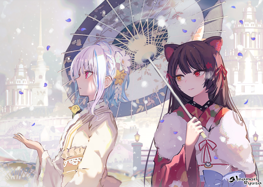 2girls, blurry, blurry_background, braid, brown_hair, cherry_blossoms, closed_mouth, commentary_request, crown_braid, day, depth_of_field, fur-trimmed_kimono, fur_trim, hand_up, heterochromia, highres, holding, holding_umbrella, inamori_ryusa, inui_toko, inui_toko_(kimono), japanese_clothes, kimono, lantern, light_blush, lize_helesta, lize_helesta_(6th_costume), long_hair, looking_at_another, looking_to_the_side, medium_hair, multicolored_hair, multiple_girls, nijisanji, oil-paper_umbrella, orange_eyes, outdoors, parted_lips, petals, red_eyes, scenery, sidelocks, silver_hair, snowing, standing, streaked_hair, swept_bangs, umbrella, upper_body, virtual_youtuber, winter