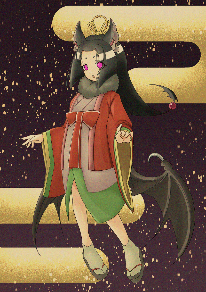 1girl, animal_ears, bat_ears, bat_wings, black_hair, black_wings, bow, fang