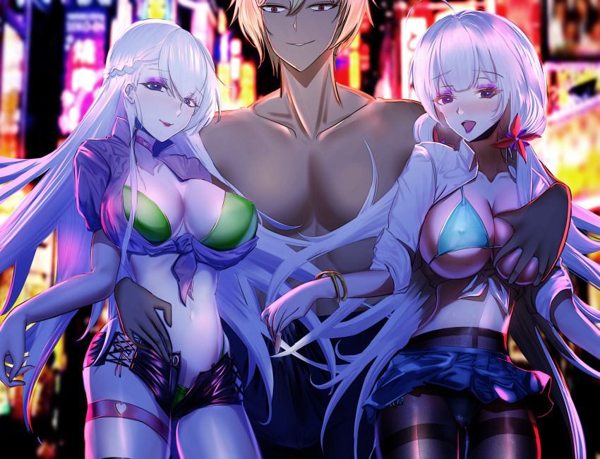 1boy, 2girls, alternate_costume, aqua_bikini, aqua_bra, aqua_panties, azur_lane, bad_id, bad_pixiv_id, belfast_(azur_lane), bikini, bikini_top_only, black_legwear, black_shorts, blonde_hair, blue_eyes, blue_skirt, blush, bra, bracelet, braid, breasts, choker, cleavage, closed_mouth, clothes_pull, collarbone, corruption, dark-skinned_male, dark_skin, feet_out_of_frame, flower, gosama, green_bikini, green_bra, green_panties, groping, gyaru, hair_flower, hair_ornament, half_up_braid, hand_on_own_chest, highres, hug, illustrious_(azur_lane), jewelry, large_breasts, lips, long_hair, looking_at_viewer, multiple_girls, naked_shirt, navel, netorare, open_clothes, open_mouth, open_shirt, open_shorts, panties, panties_under_pantyhose, pantyhose, pimp, pink_choker, pink_lips, purple_eyes, purple_lips, red_eyes, shirt, short_hair, shorts, simple_background, skirt, skirt_pull, smile, smirk, standing, swimsuit, teeth, underwear, upper_teeth_only, white_hair, white_shirt