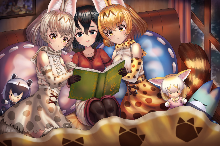 3girls, absurdres, animal_ears, animal_print, bed, black_eyes, black_gloves, black_hair