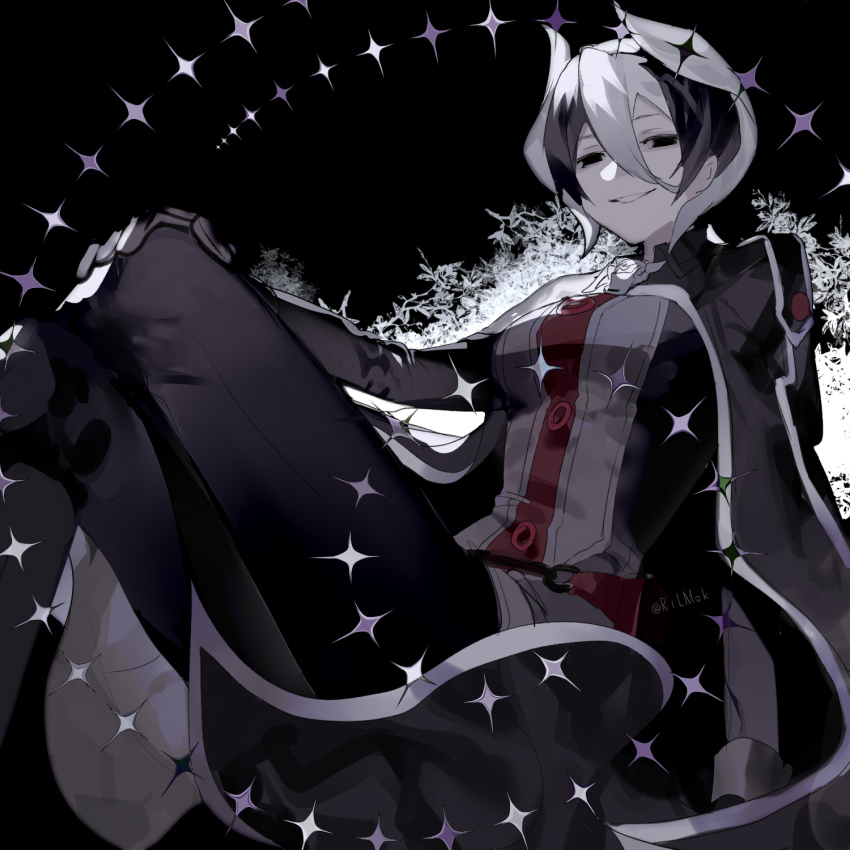 1girl, black_cape, black_coat, black_eyes, black_gloves, black_hair, black_pants, blank_eyes