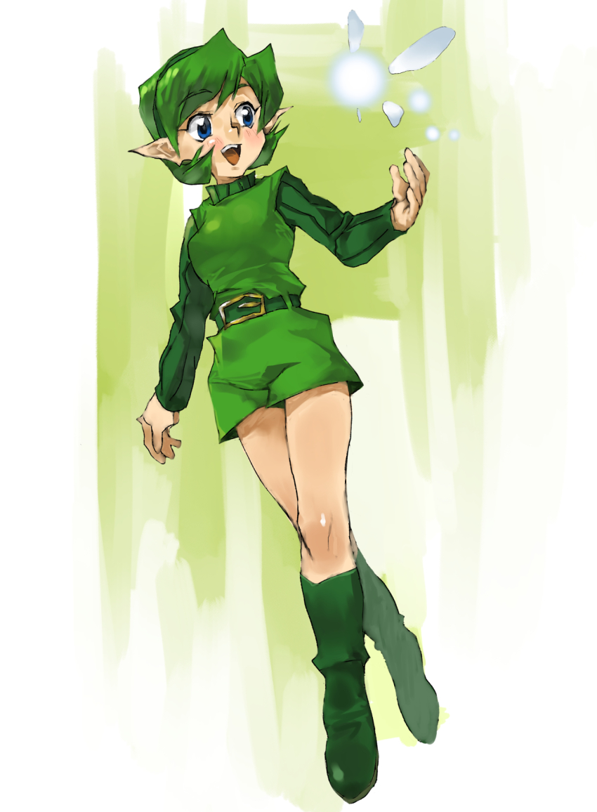 1girl, belt, blue_eyes, boots, commentary, fairy, full_body, green_hair, green_hairband, hairband, highres, kokiri, nintendo, pointy_ears, saria_(zelda), shino_(2919), shirt, short_hair, shorts, simple_background, sleeveless, sleeveless_shirt, smile, solo, sweater, the_legend_of_zelda, the_legend_of_zelda:_ocarina_of_time