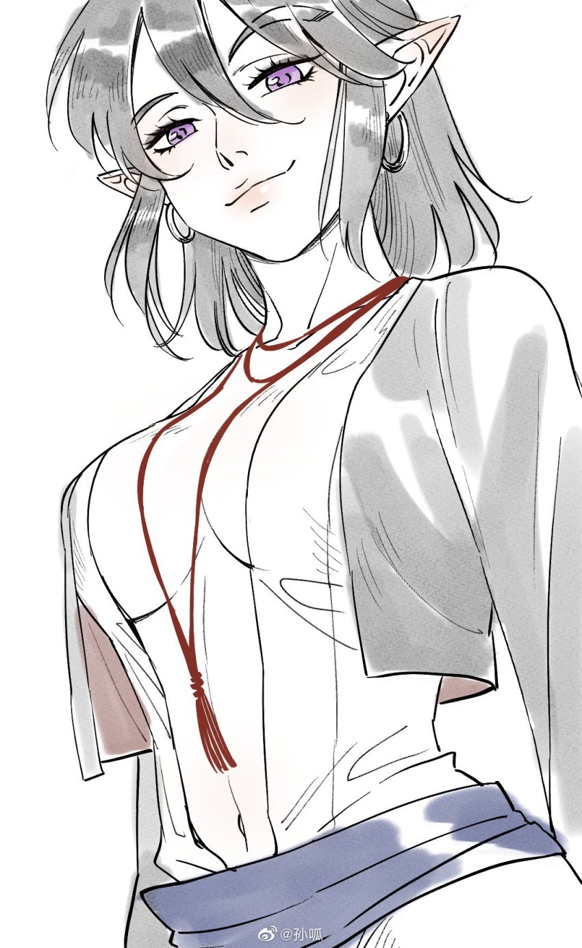 1girl, black_hair, breasts, earrings, genderswap, genderswap_(mtf), guagua_sun, hair_between_eyes, highres, jewelry, lanxi_zhen, looking_at_viewer, medium_breasts, navel, no_bra, pointy_ears, purple_eyes, simple_background, smile, solo, luo_xiaohei_zhanji, upper_body, white_background, xuan_li_(the_legend_of_luo_xiaohei)