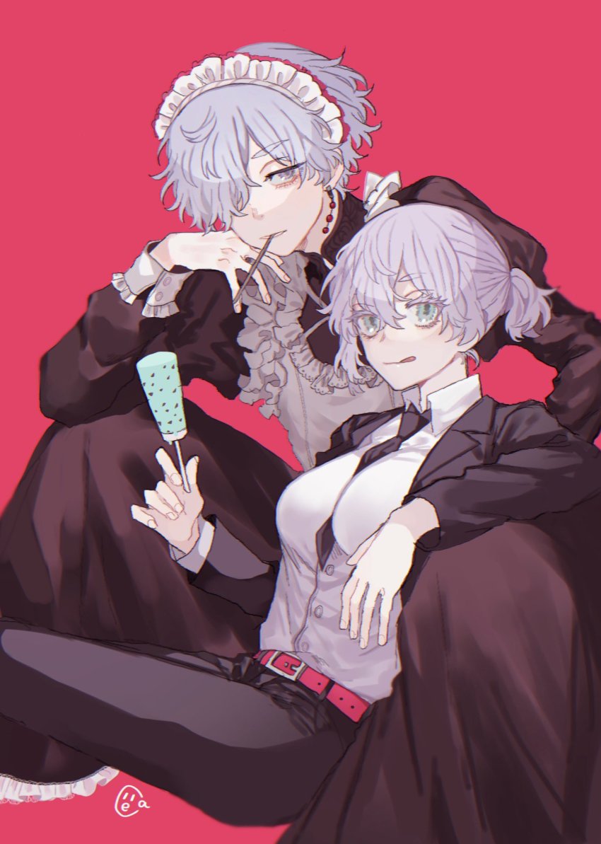 1boy, 1girl, :d, albino, apron, black_necktie, black_pants, black_suit, blue_eyes, cella8up, closed_mouth, colored_eyelashes, crossdressing, earrings, ears_visible_through_hair, eating, eyebrows, eyelashes, food, formal_clothes, hair_over_one_eye, half-closed_eyes, hand_up, highres, ice_cream, image_sample, imaushi_wakasa, jewelry, looking_at_viewer, lying, lying_on_lap, maid, maid_apron, maid_headdress, mint, necktie, on_side, one_eye_covered, open_mouth, pants, pink_background, ponytail, popsicle, purple_eyes, shirt, short_hair, smile, suit, tokyo_revengers, tomboy, tongue, tongue_out, trap, twitter_sample, twitter_username, white_hair, white_shirt