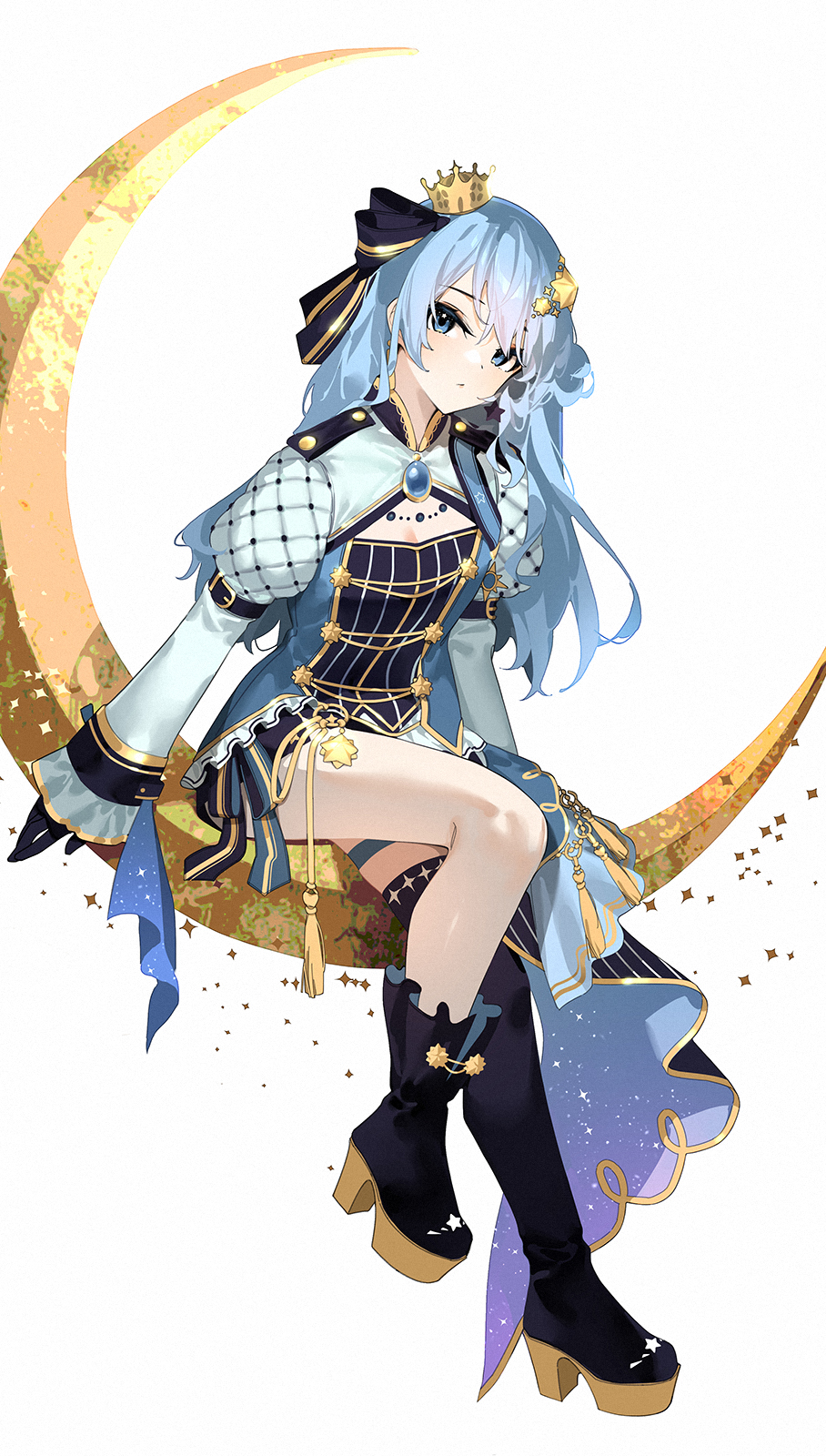 1girl, asymmetrical_legwear, black_boots, black_dress, black_gloves, black_ribbon, blue_coat, blue_eyes