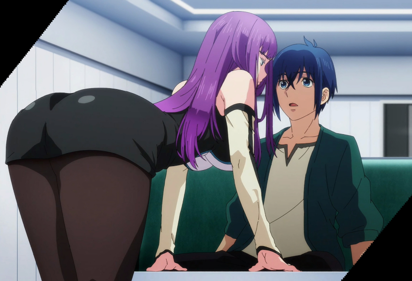 1boy, 1girl, anime_screenshot, ass, black_dress, black_pantyhose, blue_eyes, blue_hair, blunt_bangs, breasts, detached_sleeves, dress, hair_between_eyes, highres, large_breasts, leaning_forward, long_hair, mizuhara_reito, mole, mole_under_eye, multicolored_dress, multicolored_shirt, open_mouth, pantyhose, purple_hair, shuumatsu_no_harem, stitched, suou_mira, third-party_edit, white_dress