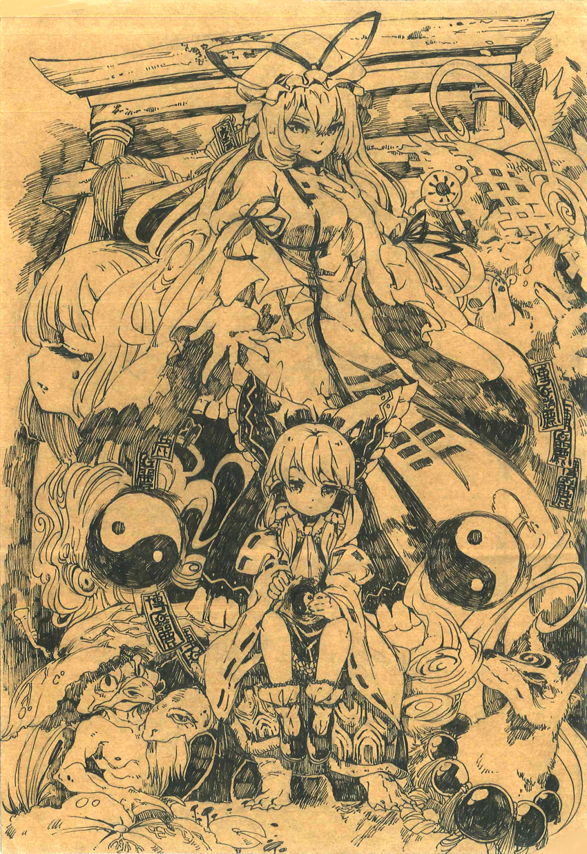 3girls, absurdres, character_request, crying, detached_sleeves, expressionless, floating, full_body, hair_ribbon, hakurei_reimu, hand_on_own_chest, highres, holding, kappa, lan_chuan_huo_dao, looking_at_viewer, monochrome, multiple_girls, ofuda, open_hand, orb, pen_(medium), ribbon, sitting, sleeve_ribbon, smile, tagme, torii, touhou, traditional_media, yakumo_yukari, yin_yang, yin_yang_orb