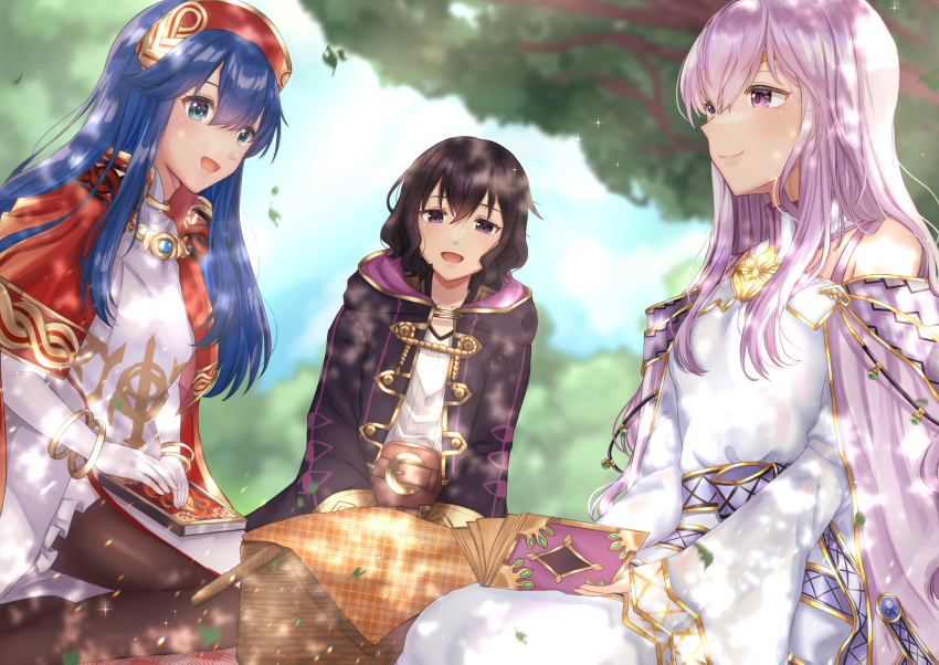 3girls, absurdres, bare_shoulders, basket, black_hair, blue_eyes, blue_hair, blurry