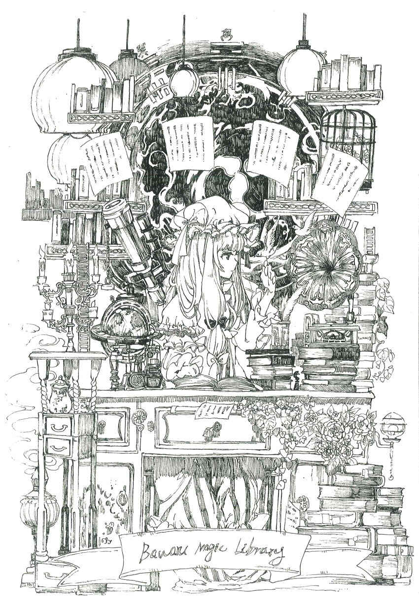 1girl, absurdly_detailed_composition, absurdres, antique_phone, bagua, bird, book, book_stack