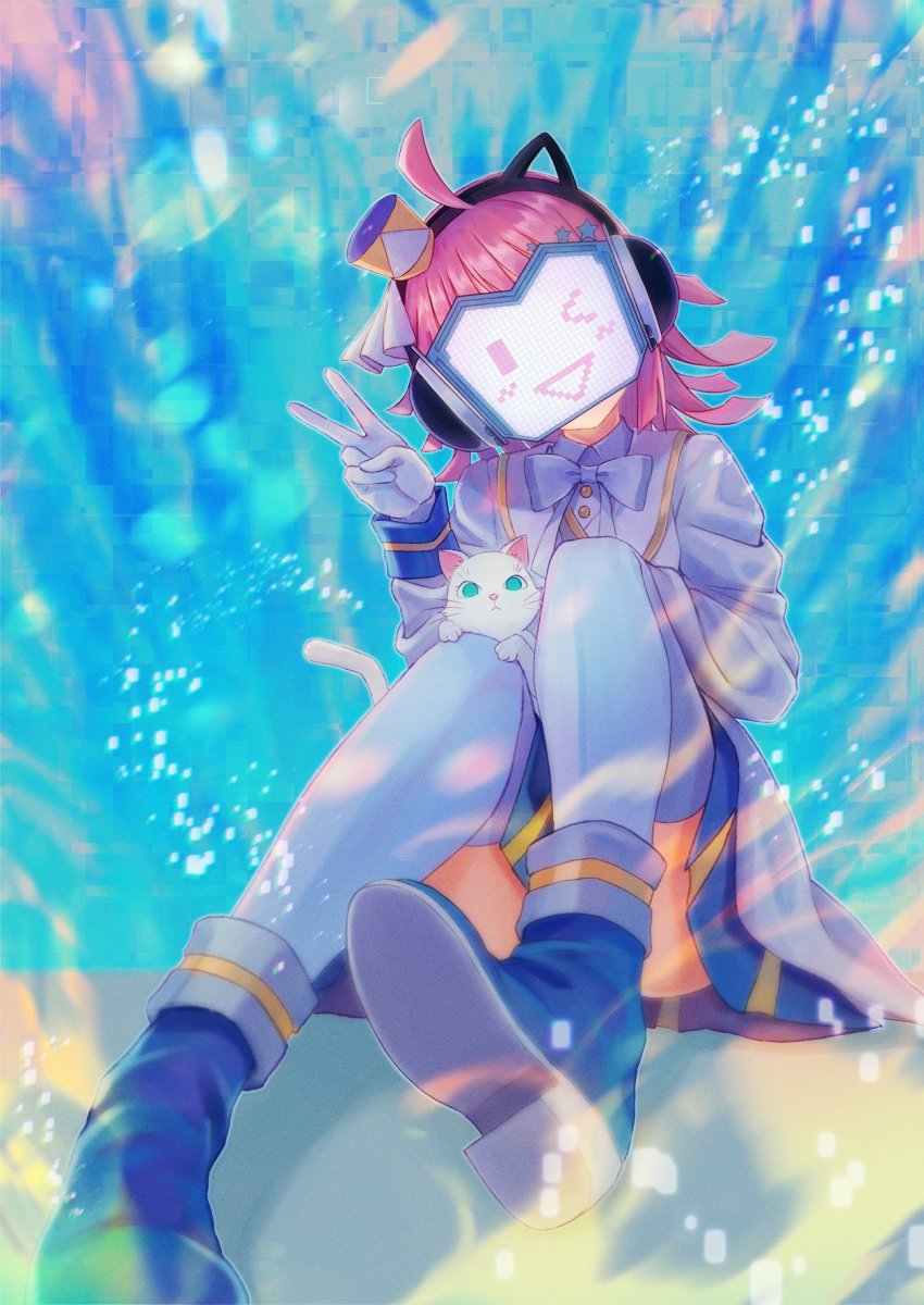 ahoge, blue_background, blue_footwear, blue_skirt, boots, bow, bowtie, cat