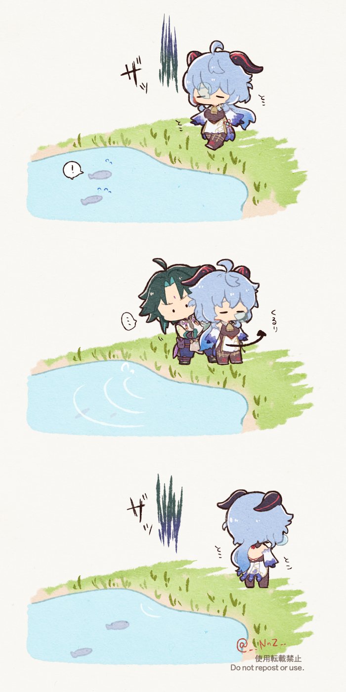 !, ..., 1boy, 1girl, ahoge, bell, black_bodysuit, black_footwear, blue_hair, blue_pants, bodysuit, boots, bow, breasts, chibi, commentary_request, cowbell, detached_sleeves, dress, fish, flying_sweatdrops, ganyu_(genshin_impact), genshin_impact, grass, green_hair, hair_bow, highres, lake, long_hair, low_ponytail, nnz, nose_bubble, pants, ponytail, shared_speech_bubble, shirt, sleeping, sleepwalking, solid_oval_eyes, speech_bubble, spoken_ellipsis, spoken_exclamation_mark, translated, watermark, white_dress, white_shirt, xiao_(genshin_impact)