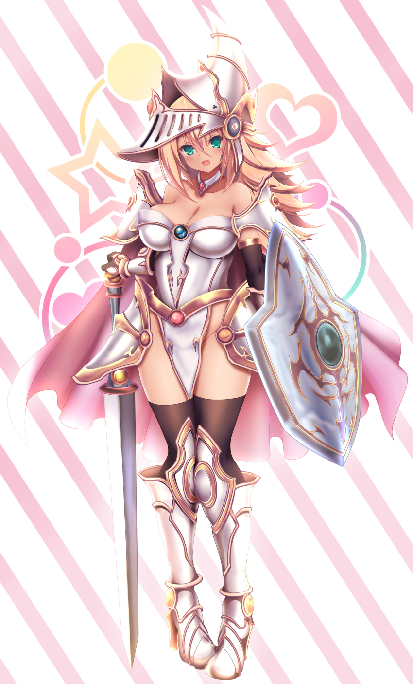 1girl, :o, absurdres, akina_t, alternate_color, armor, armored_boots, blonde_hair, boots, breasts, cape, dark_magician_girl, dark_magician_girl_the_dragon_knight, duel_monster, green_eyes, heart, helmet, highres, knight, long_hair, medium_breasts, open_mouth, pink_cape, shield, shoulder_armor, silver_footwear, smile, star_(symbol), striped_background, sword, the_eye_of_timaeus, thighhighs, thighs, weapon, yu-gi-oh!, yu-gi-oh!_duel_monsters