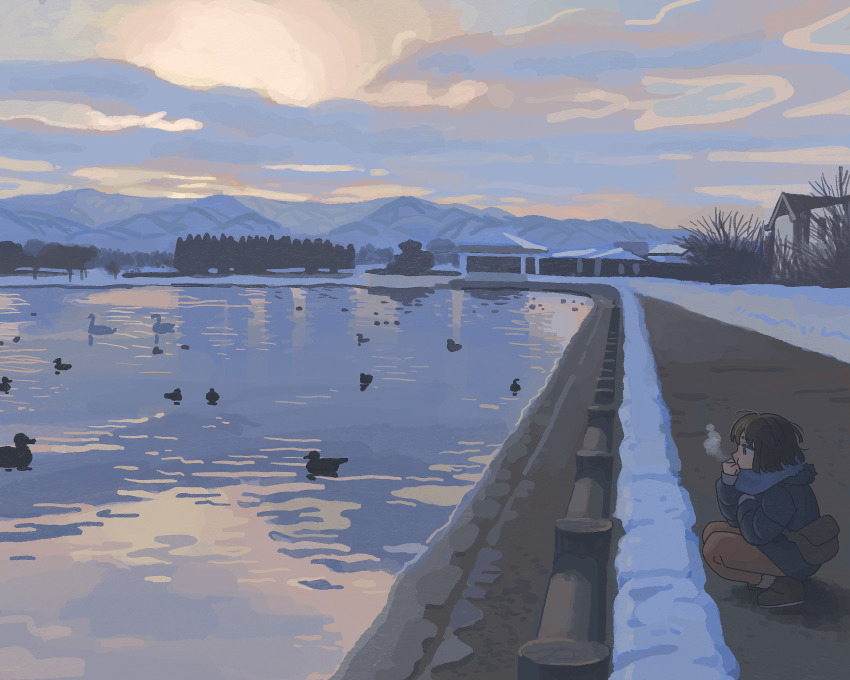 1girl, bag, bird, blue_jacket, blue_scarf, boots, breath, brown_boots, brown_hair, brown_pants, building, cloud, cloudy_sky, commentary_request, from_side, full_body, highres, jacket, lake, morning, mountainous_horizon, muji_(uimss), original, outdoors, pants, scarf, scenery, shore, short_hair, shoulder_bag, sky, snow, solo, squatting, tree, wide_shot, winter