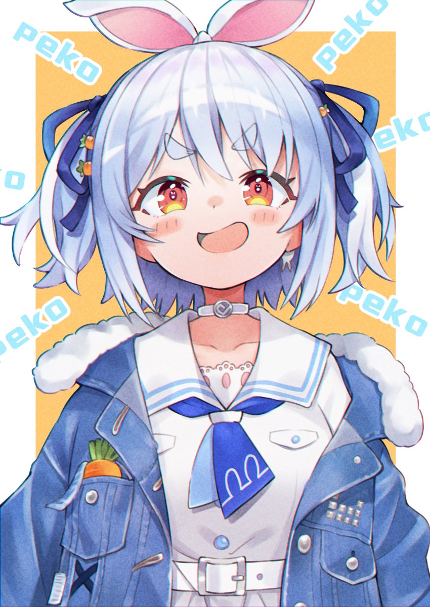 1girl, absurdres, agata_(yfw1110), animal_ears, blush, carrot, coat, fur_trim, highres, hololive, looking_away, open_mouth, rabbit_ears, red_eyes, short_hair, simple_background, smile, solo, two_side_up, upper_body, usada_pekora, usada_pekora_(casual), v-shaped_eyebrows, virtual_youtuber