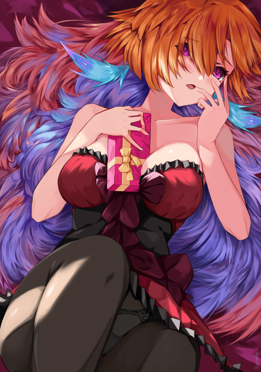 1girl, between_breasts, black_panties, black_pantyhose, blue_hair, box, breasts, collarbone