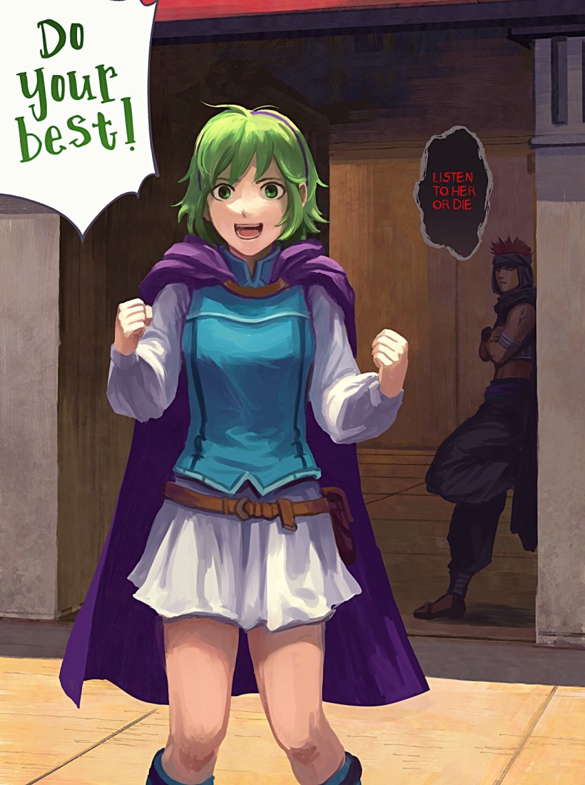 bad_id, bad_twitter_id, black_scarf, blue_shirt, cape, english_text, fire_emblem, fire_emblem:_the_blazing_blade, green_eyes, green_hair, highres, jaffar_(fire_emblem), leaning_back, miniskirt, nino_(fire_emblem), nintendo, open_mouth, pouch, purple_cape, red_hair, scarf, shirt, skirt, speech_bubble, tattoo, vetsa