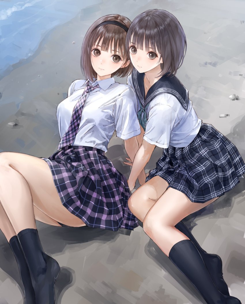 2girls, beach, black_hair, blue_reflection_(series), blue_reflection_tie, bob_cut, brown_eyes, brown_hair