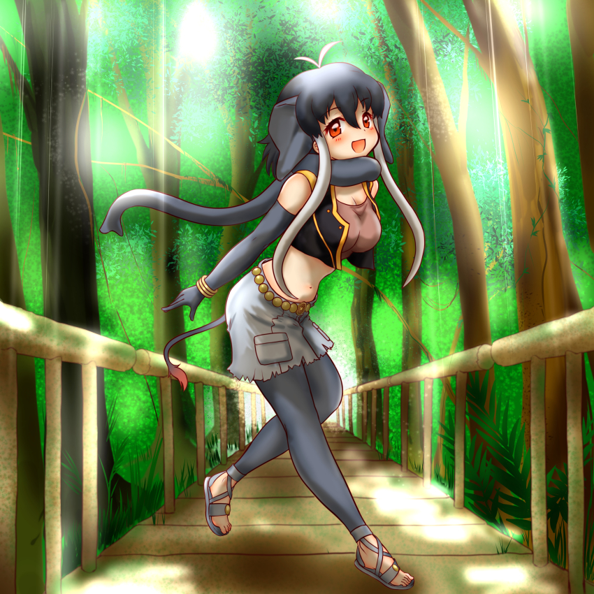 1girl, absurdres, ahoge, animal_ears, belt, belt_buckle, black_vest, blush, borneo_elephant_(kemono_friends), bracelet, breasts, bridge, buckle, cleavage, crop_top, elbow_gloves, elephant_ears, elephant_girl, elephant_tail, gloves, grey_gloves, grey_hair, grey_legwear, grey_sandals, grey_shorts, grey_tail, hakumaiya, highres, jewelry, kemono_friends, midriff, multicolored_hair, navel, open_mouth, orange_eyes, sandals, shorts, sidelocks, smile, solo, tail, tree, two-tone_hair, vest, white_hair