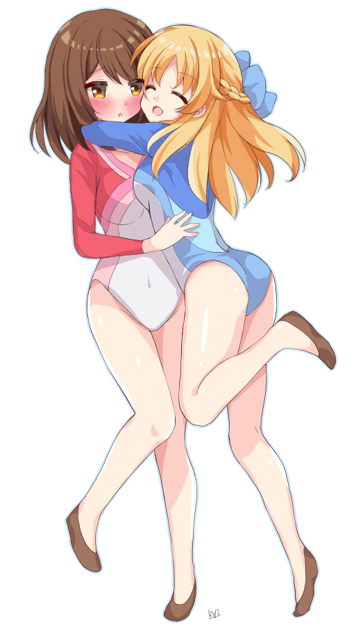 2girls, blonde_hair, blue_leotard, brown_eyes, brown_hair, closed_eyes, commission, girlfriend_(kari), half_updo, hug, leotard, long_hair, miyamori_raira, multicolored_leotard, multiple_girls, pixiv_commission, ponytail, sasahara_nonoka, shina_kokomi, short_hair, simple_background, white_background