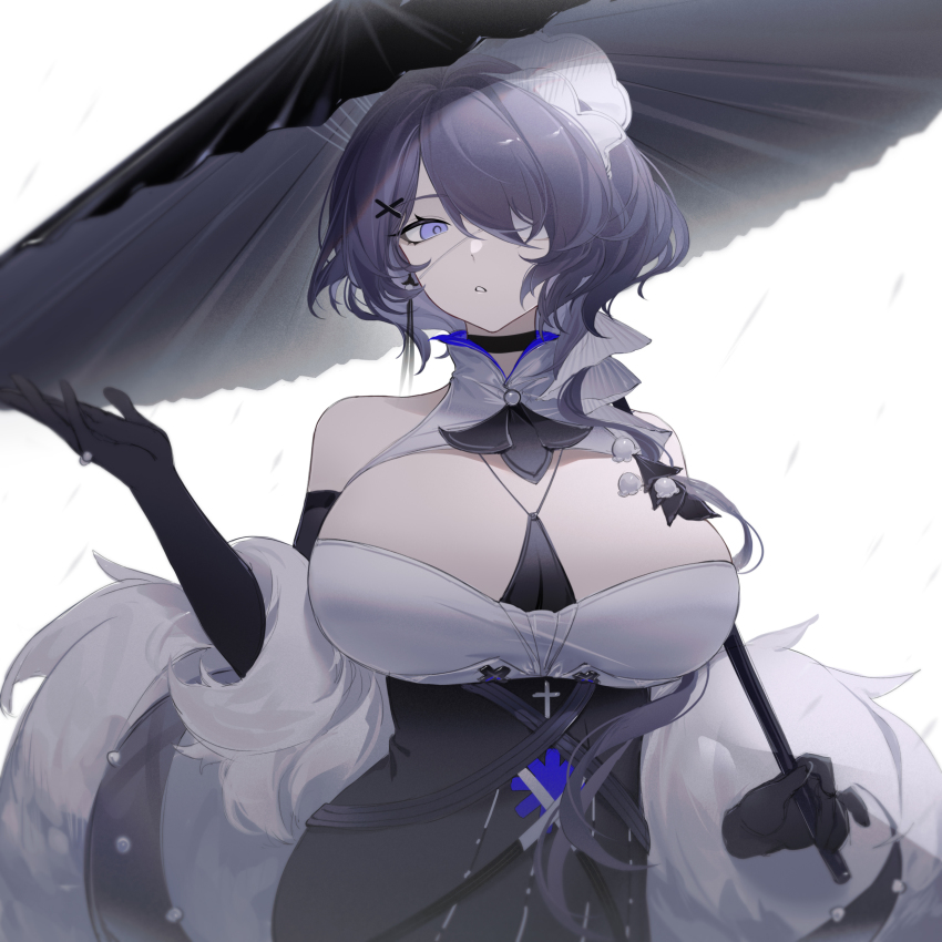 1girl, absurdres, arknights, bare_shoulders, black_choker, black_dress, black_gloves, breasts, choker, dress, earrings, elbow_gloves, eyepatch, gloves, hair_ornament, hairclip, highres, holding, holding_umbrella, jewelry, large_breasts, long_hair, looking_at_viewer, official_alternate_costume, oil-paper_umbrella, one_eye_covered, parted_lips, purple_eyes, purple_hair, shibuya_(kurokamishain), simple_background, single_earring, solo, umbrella, underbust, upper_body, whisperain_(arknights), whisperain_(tremble_cold)_(arknights), white_background, x_hair_ornament