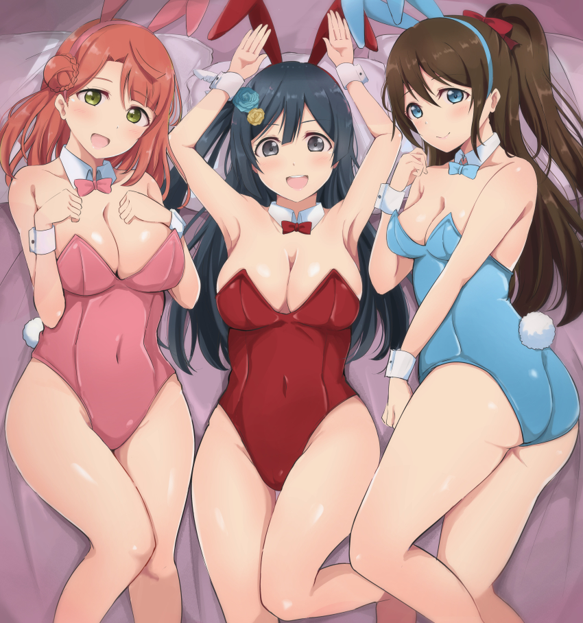 3girls, absurdres, animal_ears, azuna_(love_live!), black_eyes, black_hair, blue_eyes, blue_leotard, blunt_bangs, bow, braid, braided_bun, breasts, brown_hair, bun_with_braided_base, cleavage, clothing_cutout, commission, detached_collar, fake_animal_ears, feather_hair_ornament, feathers, flower, grey_eyes, hair_between_eyes, hair_bow, hair_bun, hair_flower, hair_ornament, hairpin, half_updo, highleg, highres, leotard, long_hair, love_live!, love_live!_nijigasaki_high_school_idol_club, medium_hair, multiple_girls, navel_cutout, one_side_up, orange_hair, osaka_shizuku, pink_hair, pixiv_commission, playboy_bunny, ponytail, rabbit_ears, rabbit_pose, rabbit_tail, red_bow, red_leotard, side_bun, sidelocks, single_side_bun, strapless, strapless_leotard, swept_bangs, tail, uehara_ayumu, wewe, wrist_cuffs, yellow_eyes, yuki_setsuna