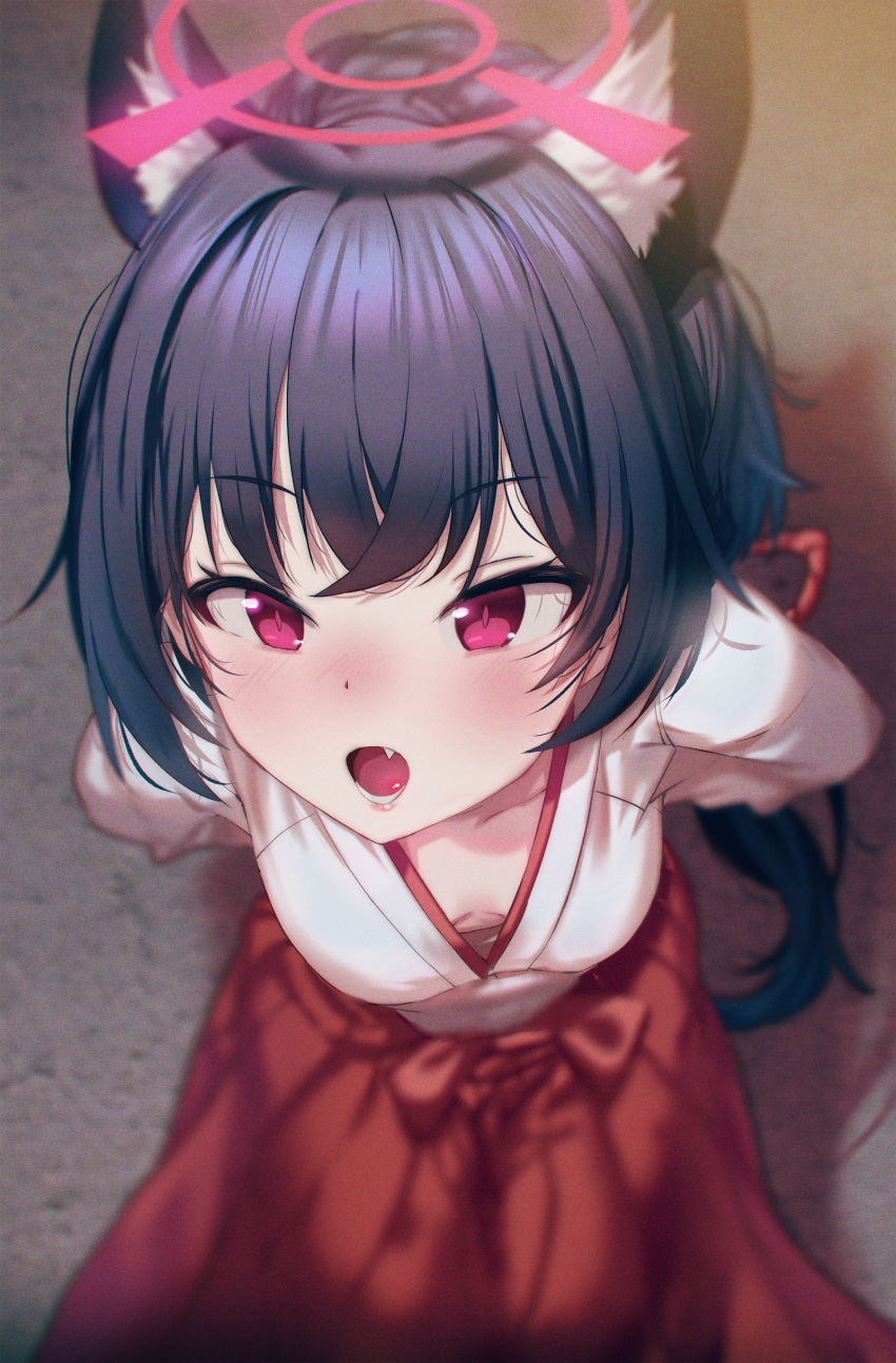 absurdres, animal_ear_fluff, animal_ears, arms_behind_back, blue_archive, blue_hair, blurry, blush