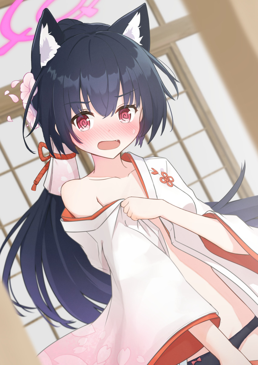 1girl, @_@, absurdres, alternate_costume, alternate_hairstyle, animal_ears, black_hair, black_panties, blue_archive, blush, breasts, cat_ears, collarbone, commentary_request, fang, halo, highres, inema_11, japanese_clothes, looking_at_viewer, miko, open_mouth, panties, serika_(blue_archive), serika_(new_year)_(blue_archive), small_breasts, solo, underwear, undressing