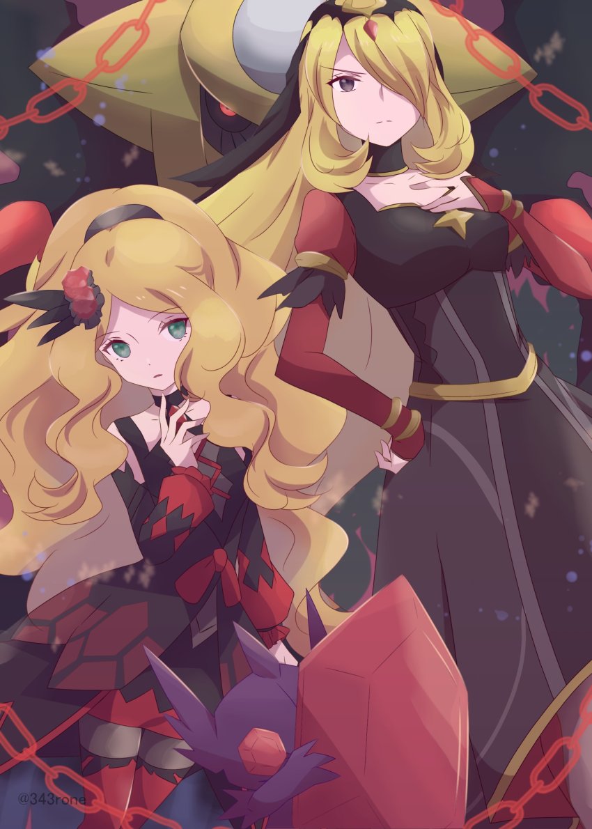 2girls, absurdres, blonde_hair, caitlin_(fall_2021)_(pokemon), caitlin_(pokemon), chain, choker, closed_mouth