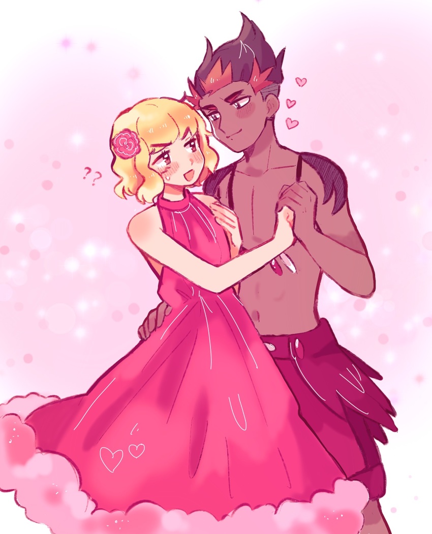 2boys, :d, ?, ??, ash_ketchum, bare_arms, blonde_hair, blush