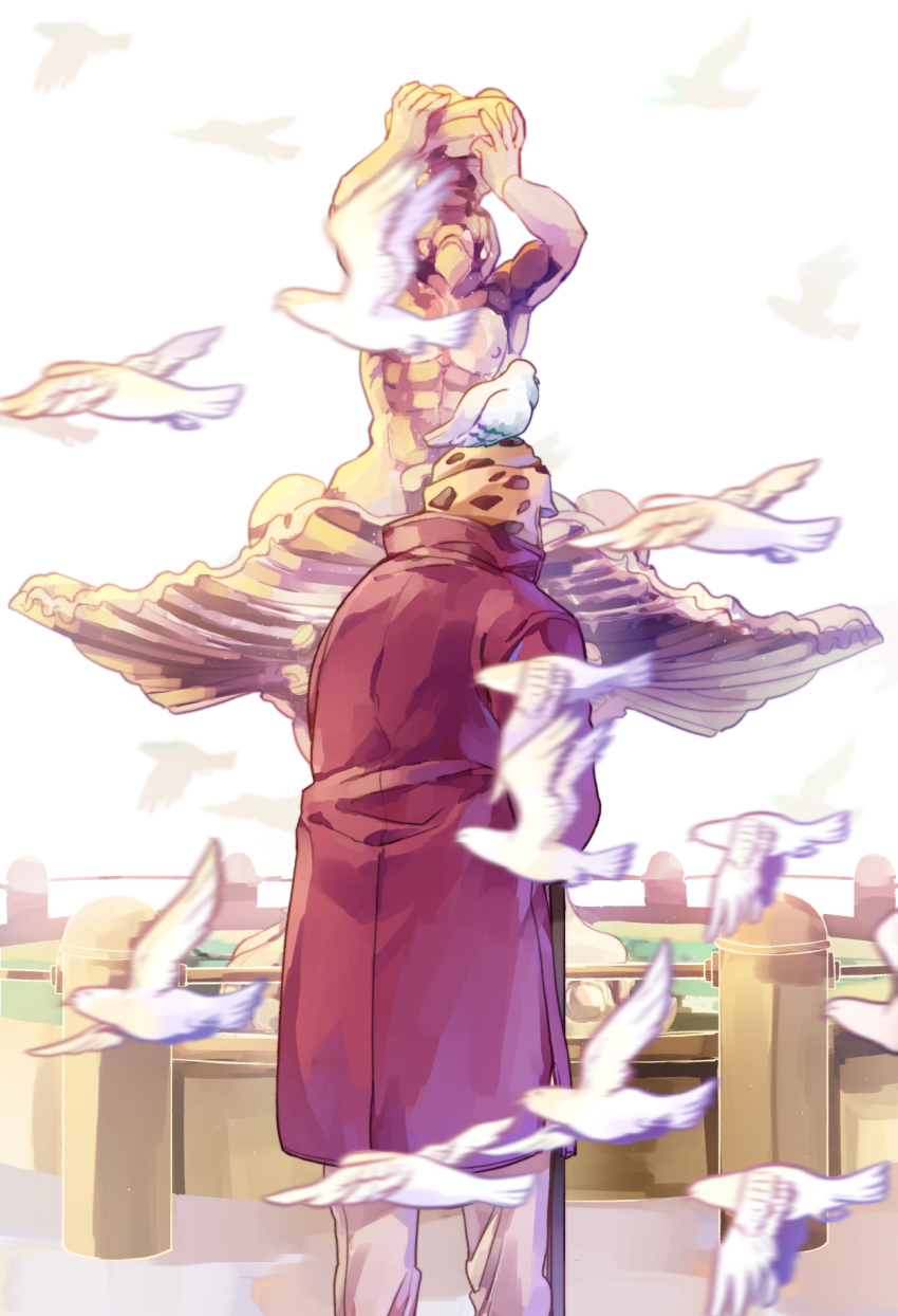 battle_tendency, bird, cane, diamond_wa_kudakenai, fountain, from_behind, hat, highres, jacket, jojo_no_kimyou_na_bouken, joseph_joestar, joseph_joestar_(old), long_coat, male_focus, old, old_man, pigeon, pigeons, polka_dot_headwear, red_jacket, sky_kiki, solo