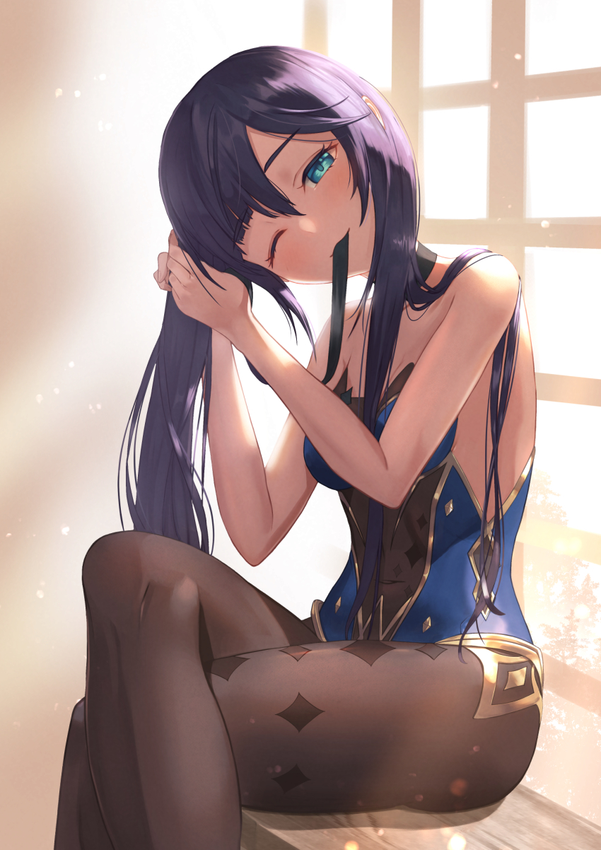 1girl, announ_(kurotya), backlighting, bare_shoulders, black_hair, blue_leotard, blush, bodystocking