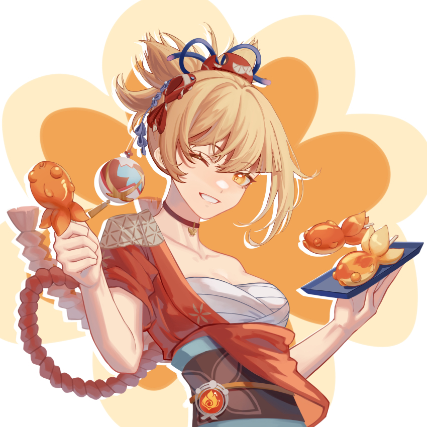 1girl, absurdres, bandages, blonde_hair, breasts, chest_sarashi, commentary, food