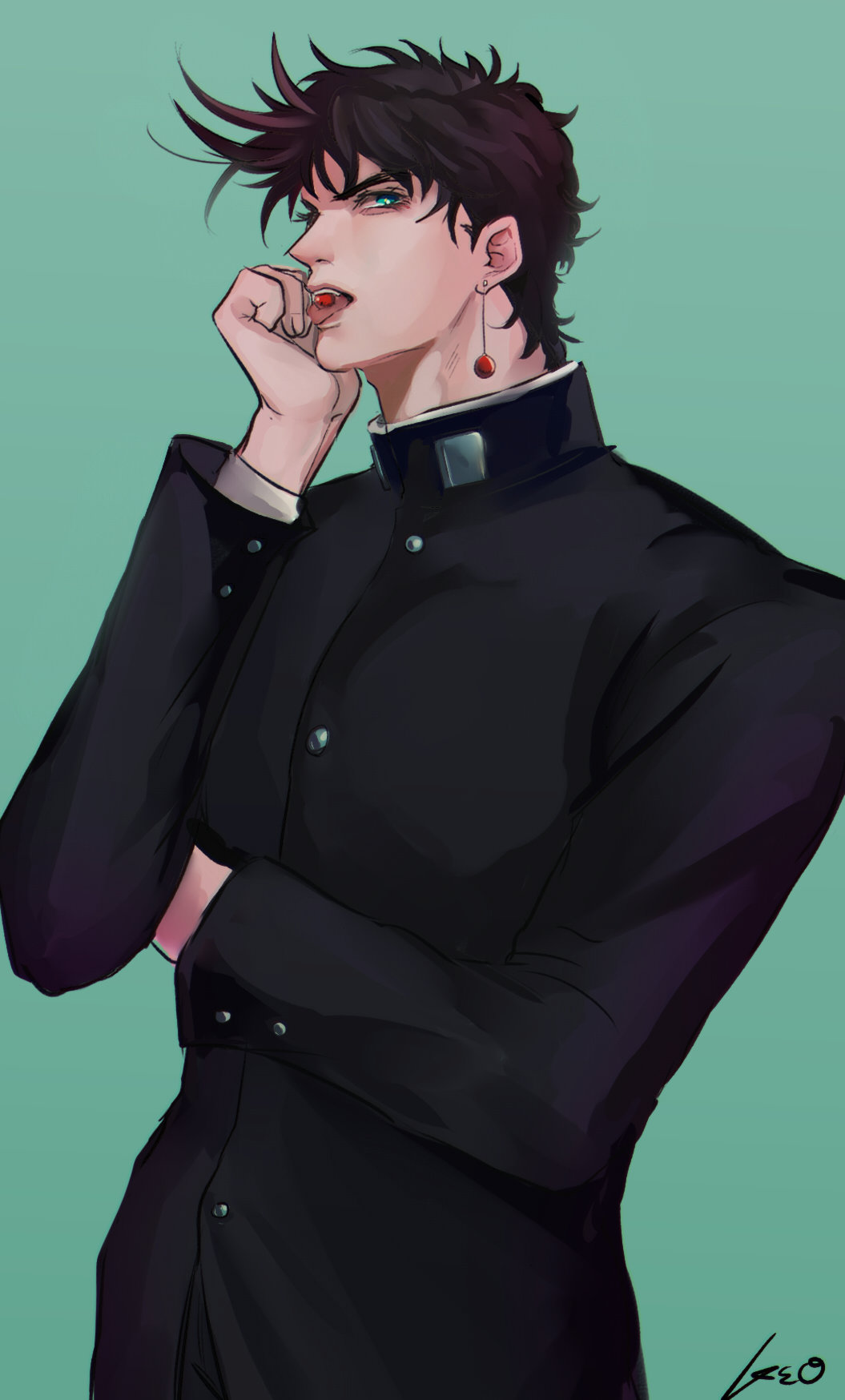 1boy, battle_tendency, black_hair, cherry, cosplay, elbow_rest, food, fruit