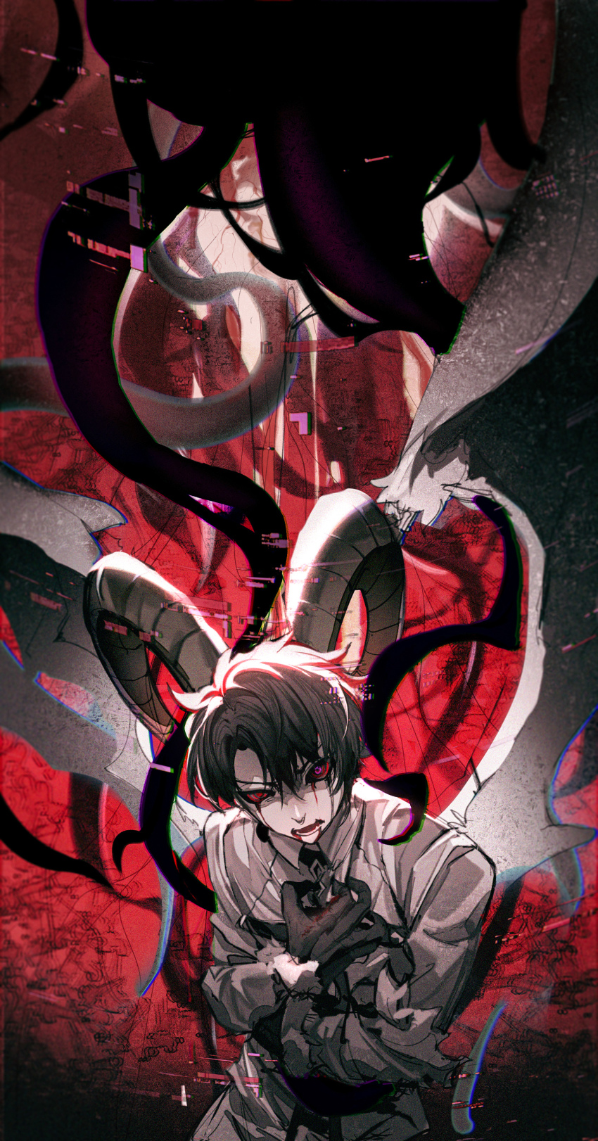 1boy, absurdres, black_hair, blood, blood_from_mouth, blood_on_face, bloody_tears, chaldea_uniform