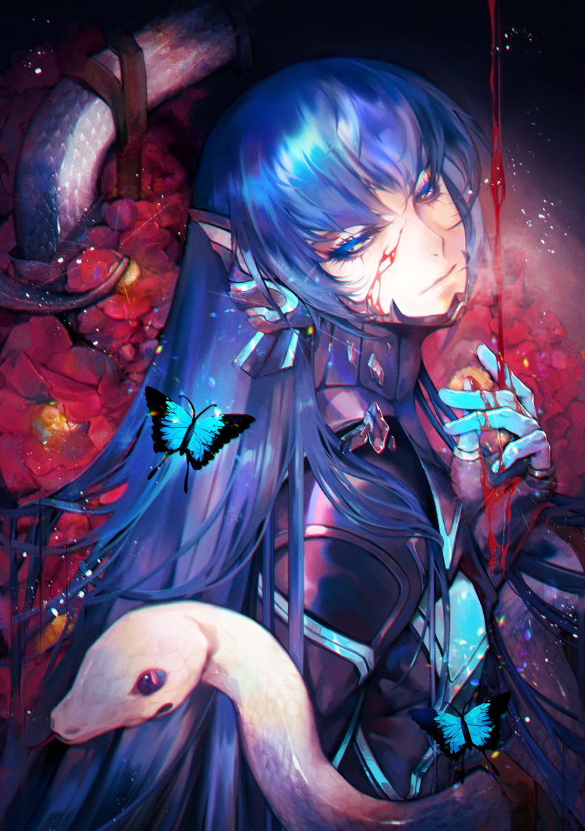 1boy, androgynous, armor, blood, blood_on_face, blood_on_hands, blue_butterfly, bodysuit, bug, butterfly, chromatic_aberration, colored_eyelashes, diffraction_spikes, eyelashes, film_grain, flower, head_tilt, highres, insect, long_hair, looking_at_viewer, male_focus, poppy_(flower), protagonist_(aogami_nahobino)_(smtv), protagonist_(smtv), red_flower, rock, sherytan, shin_megami_tensei, shin_megami_tensei_v, sideways_glance, snake, solo, very_long_hair, white_snake, yellow_eyes