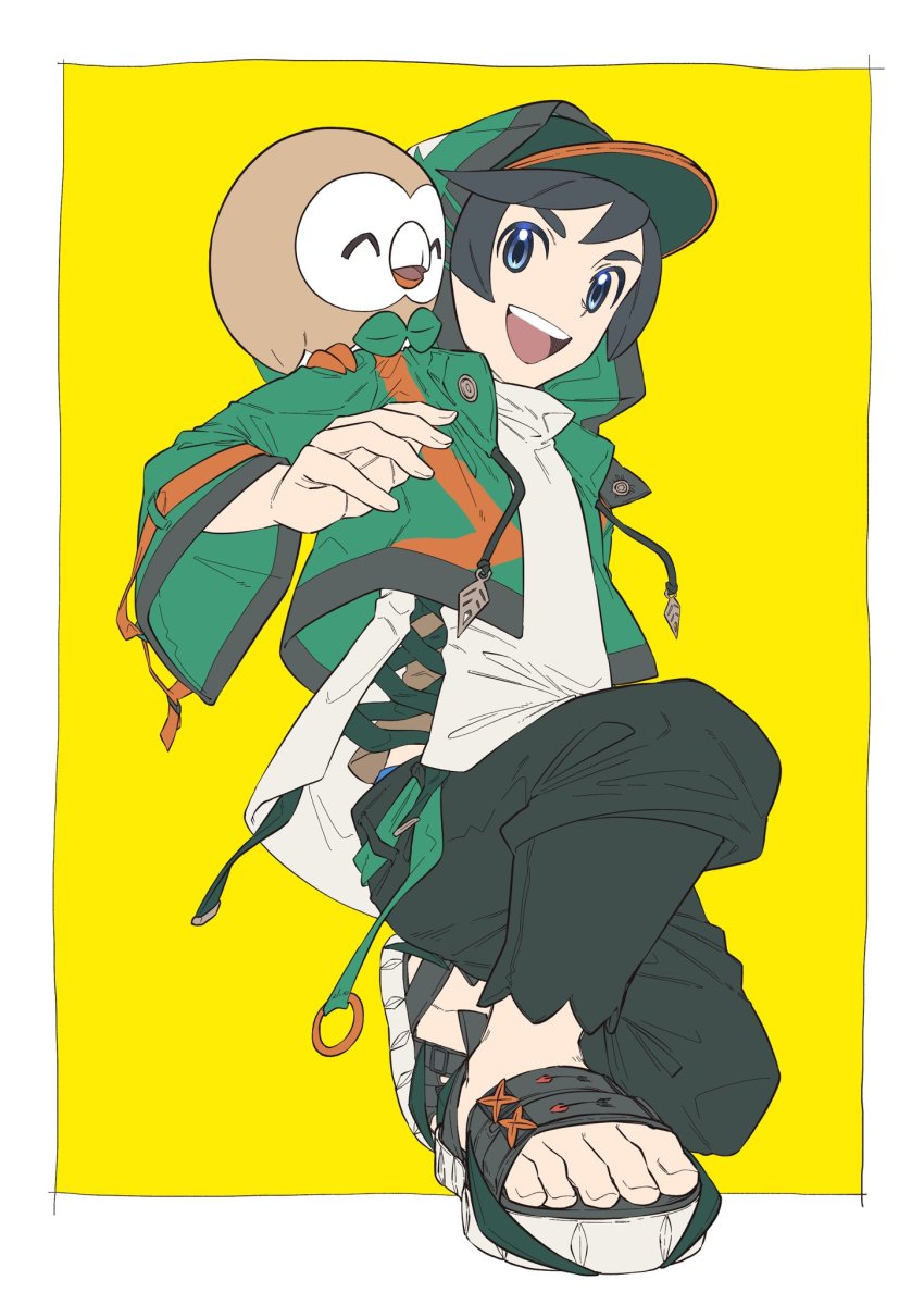 1boy, :d, alternate_costume, baseball_cap, black_hair, border, commentary, elio_(pokemon)